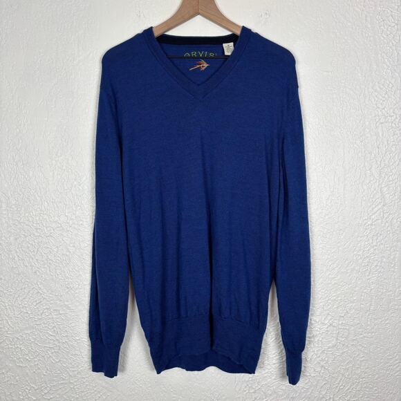 Orvis Men's Blue 100% Merino Wool V-Neck Long Sleeve Sweater Size Medium - Picture 1 of 3